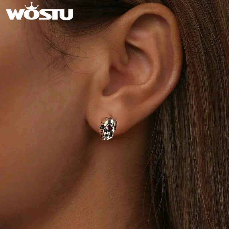 WOSTU Real 925 Sterling Silver Vintage Skull Stud Earrings For Women Rose red Heart Zircon Studs Earring Punk Jewelry Party Gift