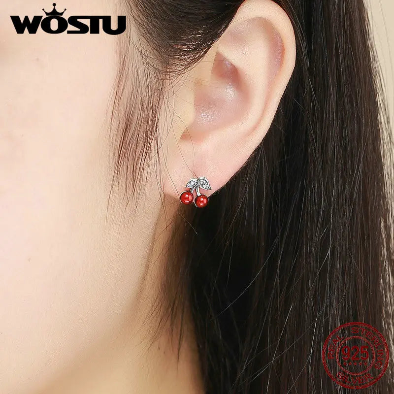 WOSTU 925 Sterling Silver Cherries Earring Strawberry Piercing Red Apple Banana Fruit Cute for Women Birthday Daily Fine Jewelry