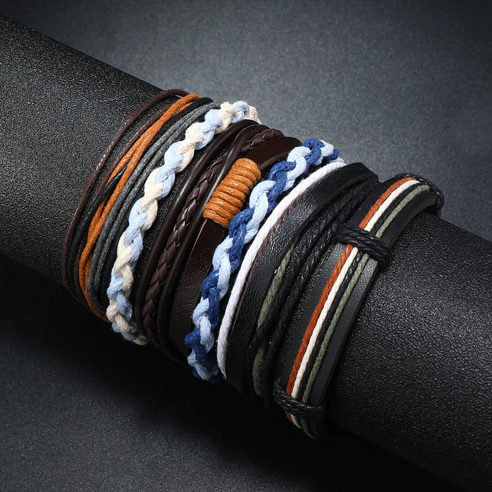 6Pcs/ Set Braided Wrap Leather Bracelets for Men Vintage Life Tree Rudder Charm Wood Beads Ethnic Tribal Wristband Rope Bracelet