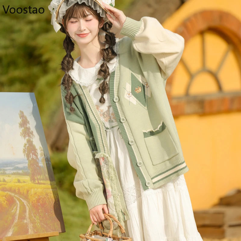 Mori Girl Style Sweet Knitted Cardigan Women Kawaii Cartoon Oil Painting Print Sweater Coat Harajuku Cute Knitwear Pullover Tops - Madeinsea©