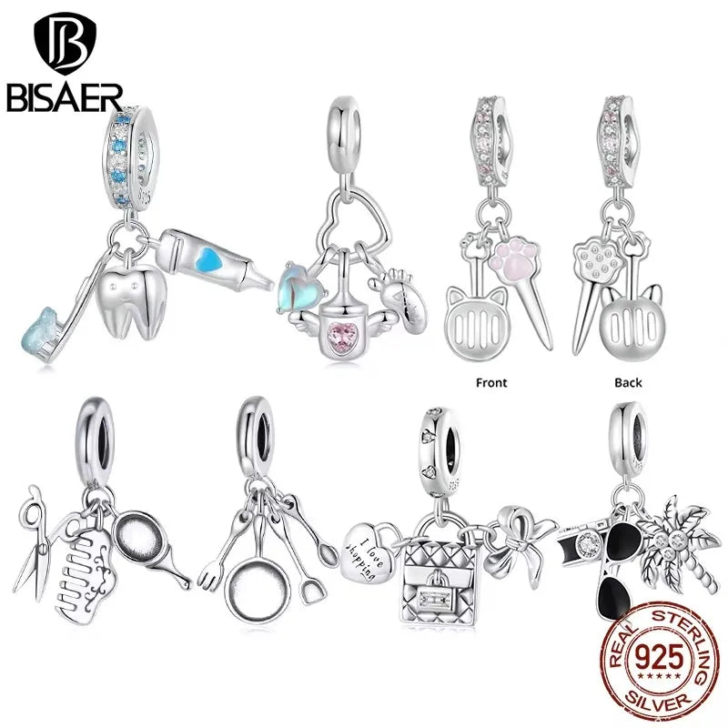 BISAER 925 Sterling Silver Baby Bottle Set Charm Bead Peigne Couverts Cute Pet Kit Pendentif de vacances Fit Femmes DIY Bracelet Bijoux