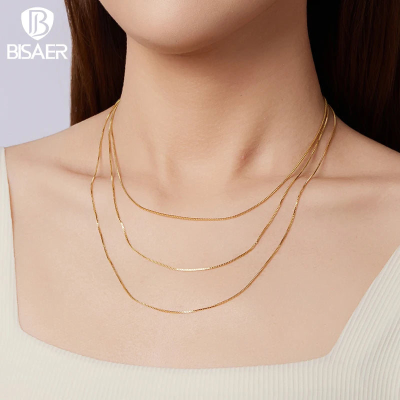 BISAER 925 Sterling Silver Box Basic Chain Necklace Lobster Clasp Optional 40 45 50cm Plated White Gold Women Men Party Jewelry