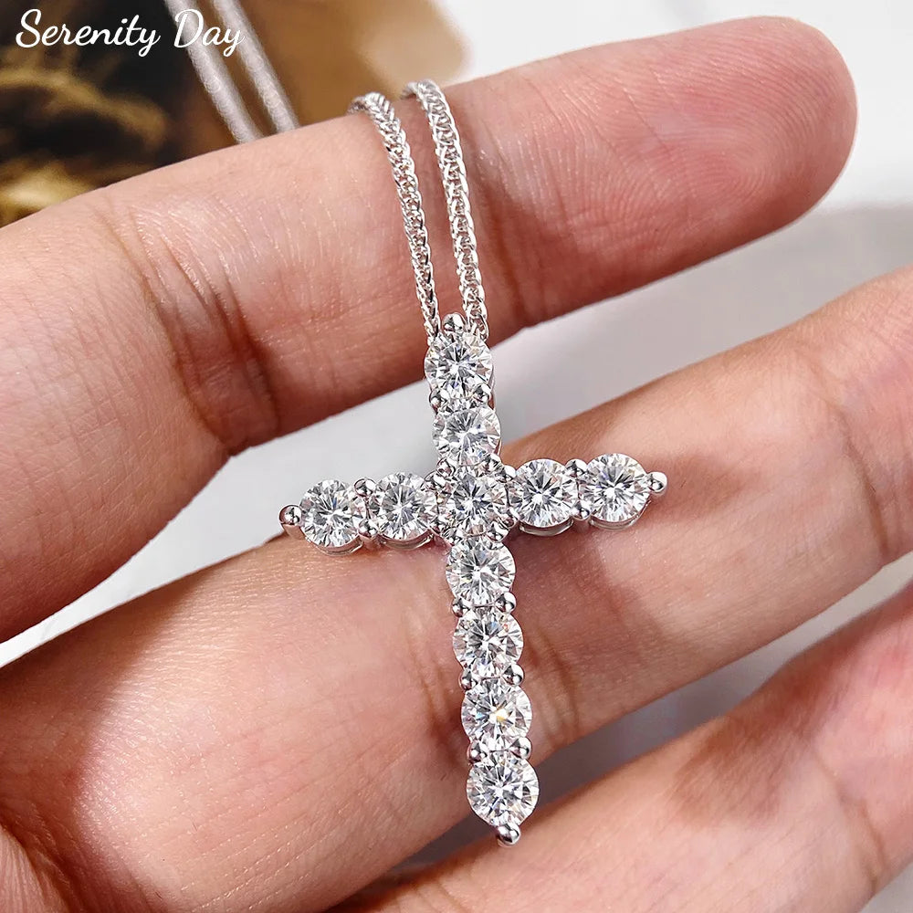Serenity 5mm D Color Moissanite Cross Necklace for Women Men Gift 100% 925 Sterling Silver Chopin Chain Pendant Necklace Jewelry