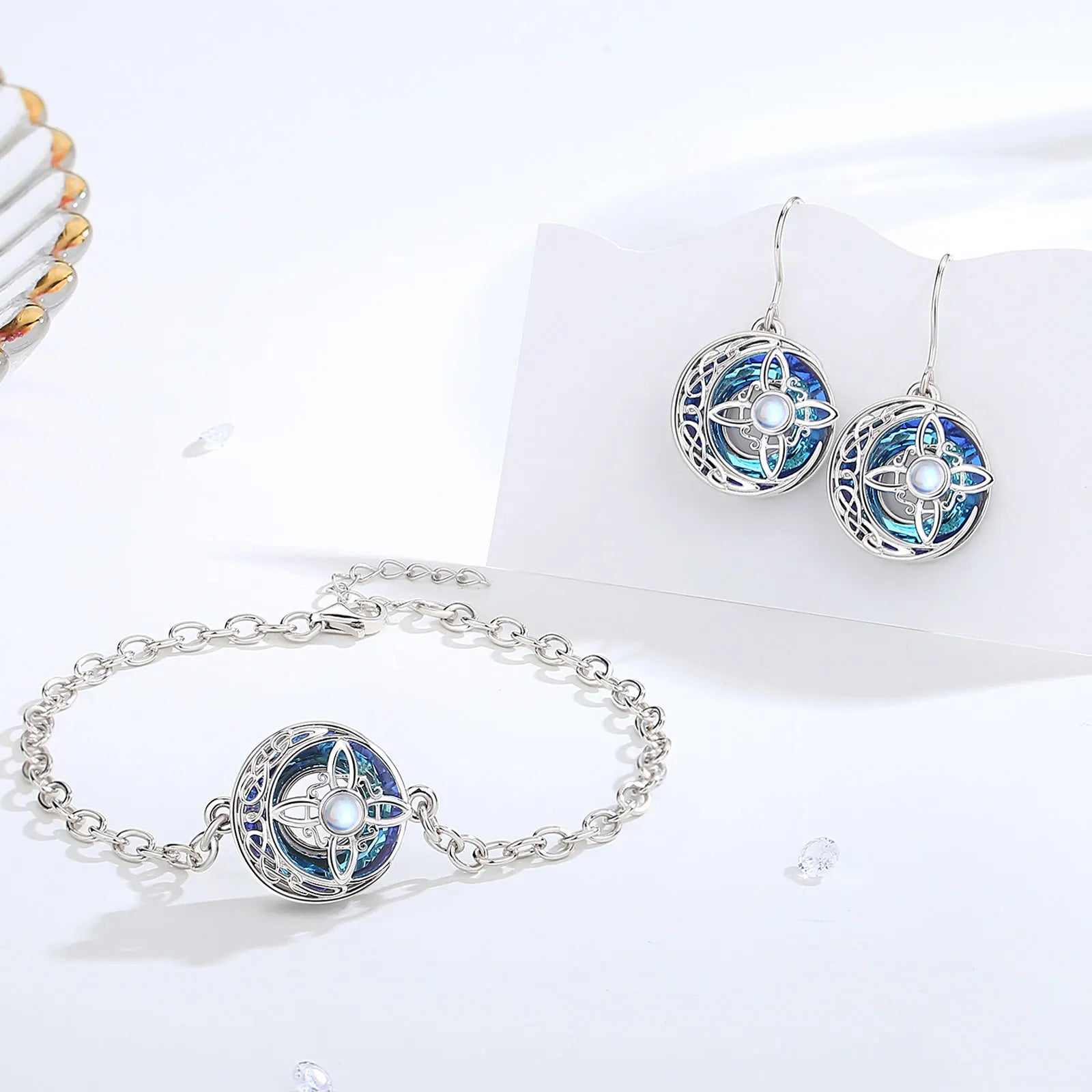 Eudora 925 Sterling Silver Witches Knot Adjustable Ring & Necklace & Bracelet Austrian Crystal Wicca Amulet Jewelry Set Gift