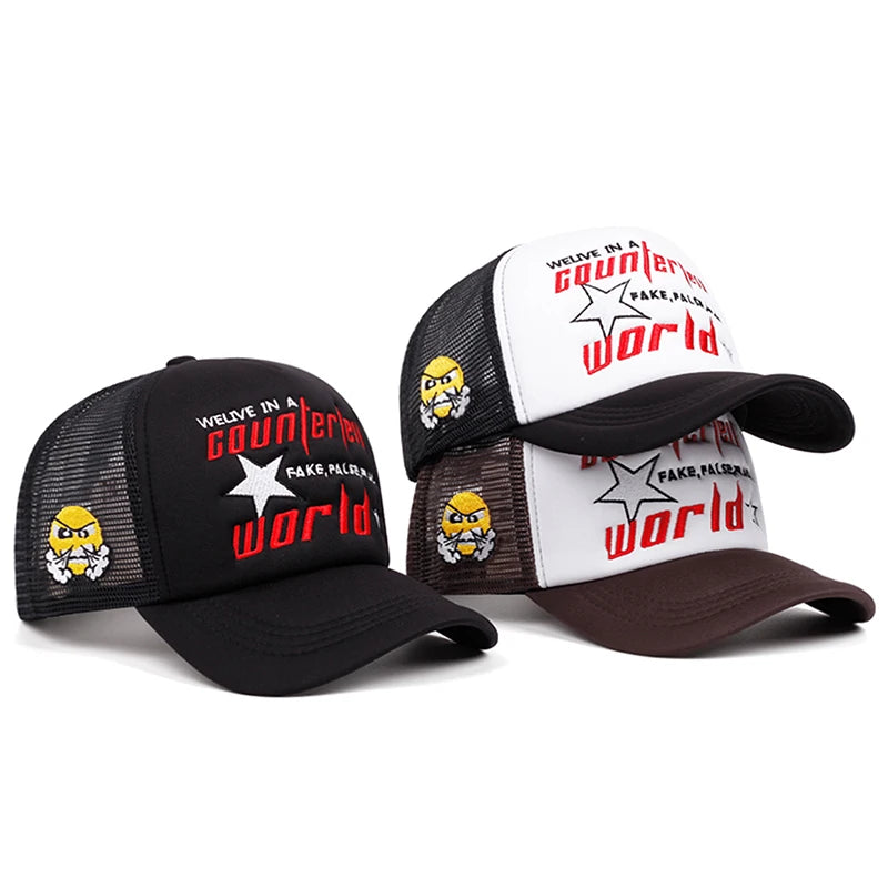 2026 New Creative Baseball Hat World Letter Anger Embroidered Hip Hop Hat Outdoor Daily Sunshade Hat Unisex Breathable Mesh Hat