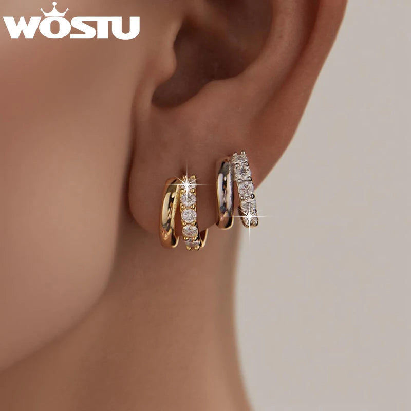 WOSTU Double-layer Moissanite Huggies Earrings For Women , 925 Sterling Silver 18K Gold Diamond Cut Sparkling Circle Earrings