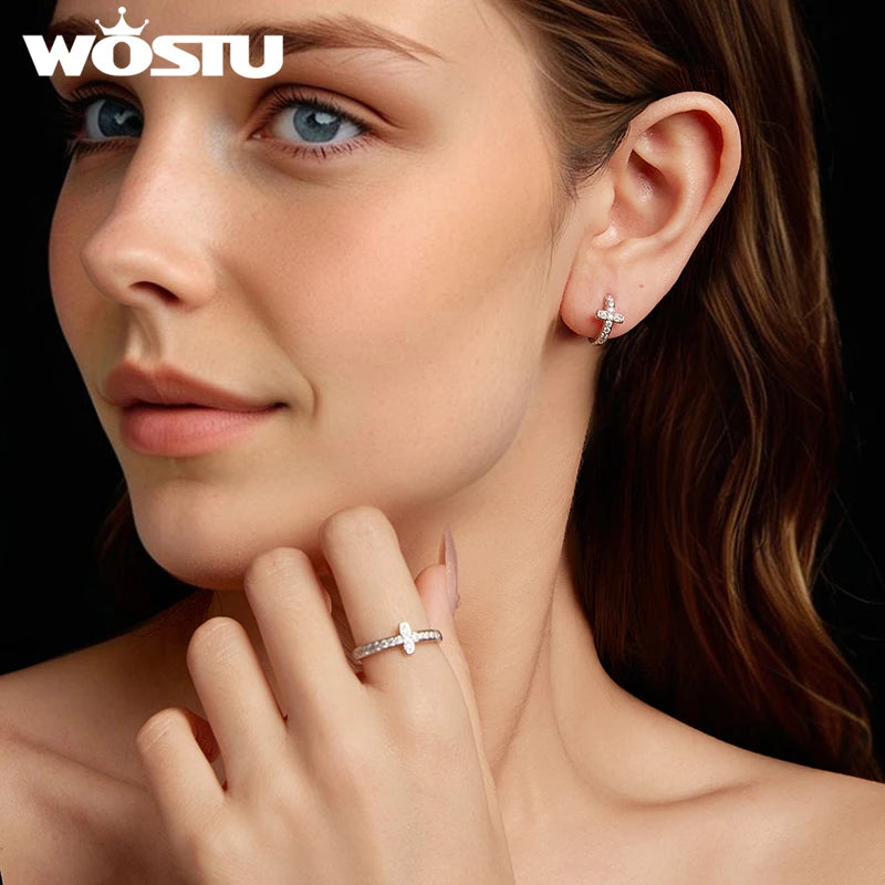 WOSTU Full Moissanite Cross Style Hoop Earrings Finger Ring For Women 925 Silver Punk Jewelry Huggies Earring Ring Family Gift