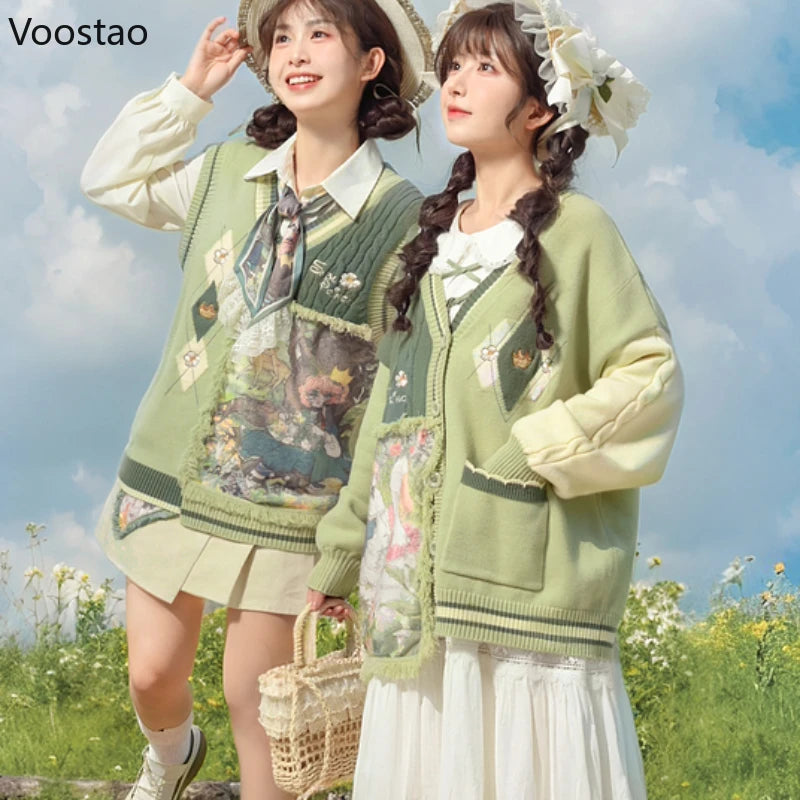 Mori Girl Style Sweet Knitted Cardigan Women Kawaii Cartoon Oil Painting Print Sweater Coat Harajuku Cute Knitwear Pullover Tops - Madeinsea©