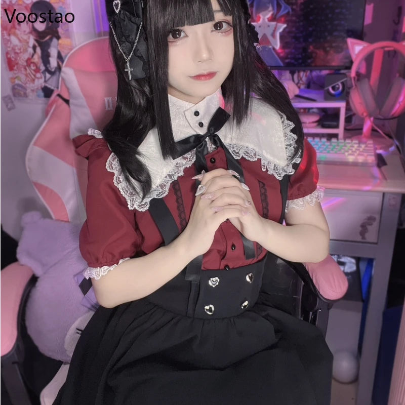 Gothic Y2k Lolita Shirt Japanese Harajuku Girls Sweet Lace Ruffles Bow Puff Sleeve Blouses Women Punk Clothes Tops Blusas Mujer