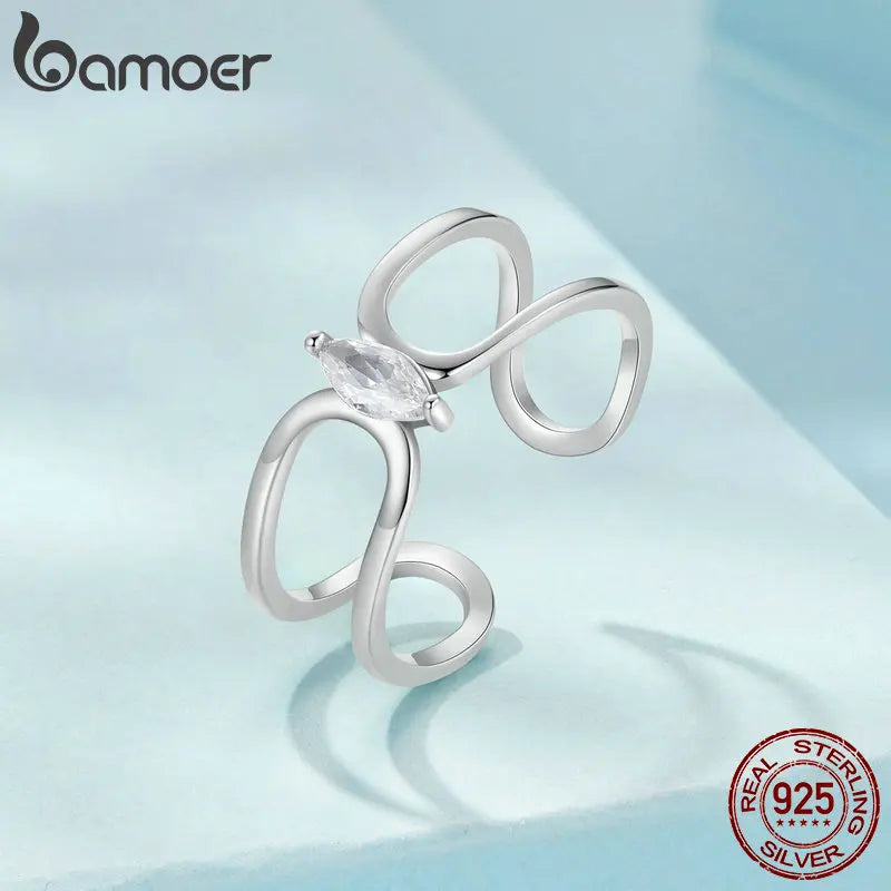 BAMOER Solid 925 Sterling Silver Double-layer Ring, Adjustable Stackable Olive CZ Rings for Women Wife Anniversary Band SCR1065