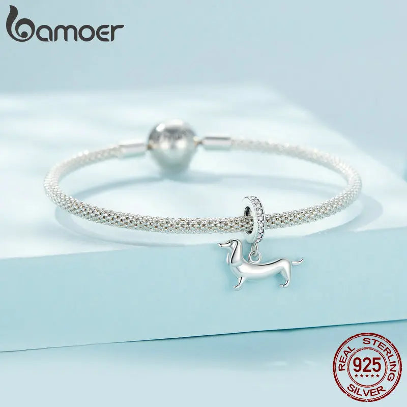 BAMOER Pet Dog Charm Beads for Charm Bracelet, Genuine 925 Sterling Silver Poodle Dachshund Pendant DIY Accessories for Women