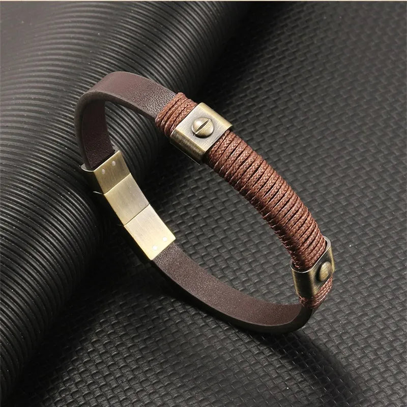 MKENDN Retro Gold Color Stainless Steel Magnetic Buckle Bracelet for Men Brown Leather Wristband Bracelet Fashion Jewelry Gift