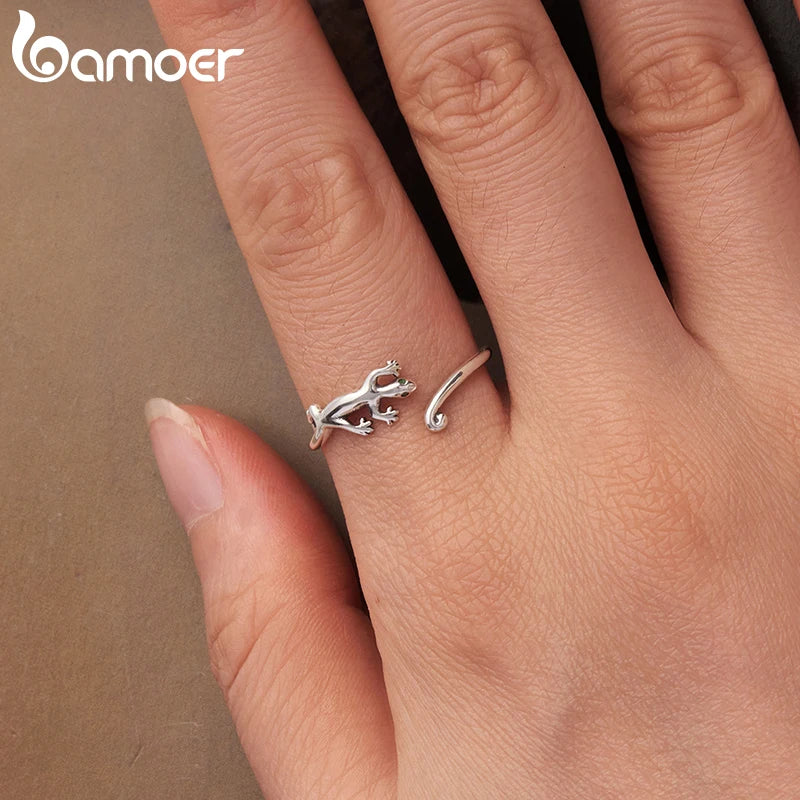 BAMOER 925 Sterling Silver Gecko Lizard Open Ring Lucky Animal Ring with Green Zircons for Lover Girl Simple Birthday Party Gift