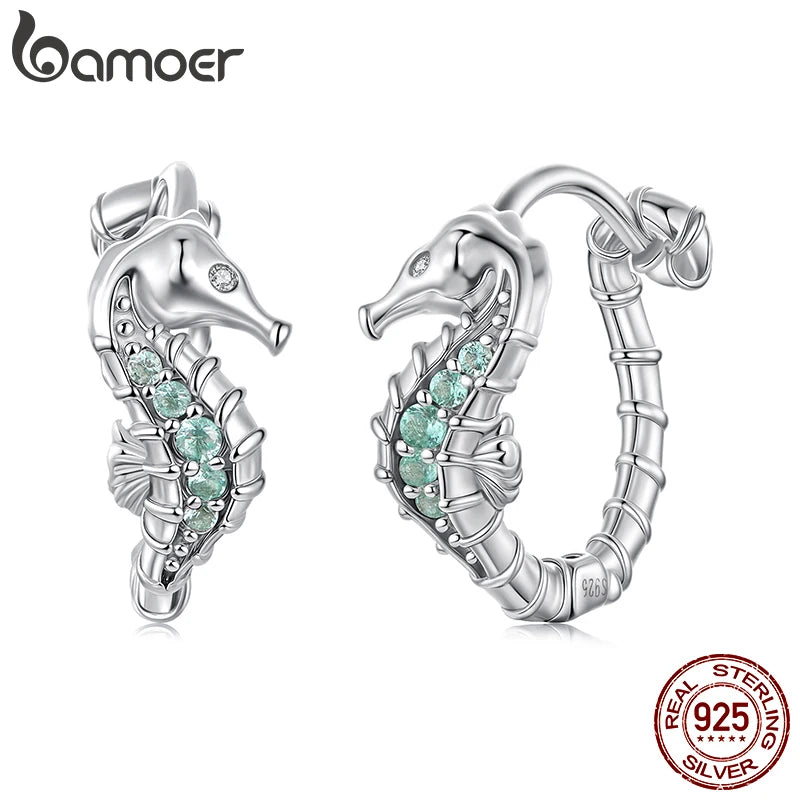 BAMOER Niedliche Seepferdchen-Ohrringe aus 925er Sterlingsilber, kleine runde Creolen für Damen BBSE1176