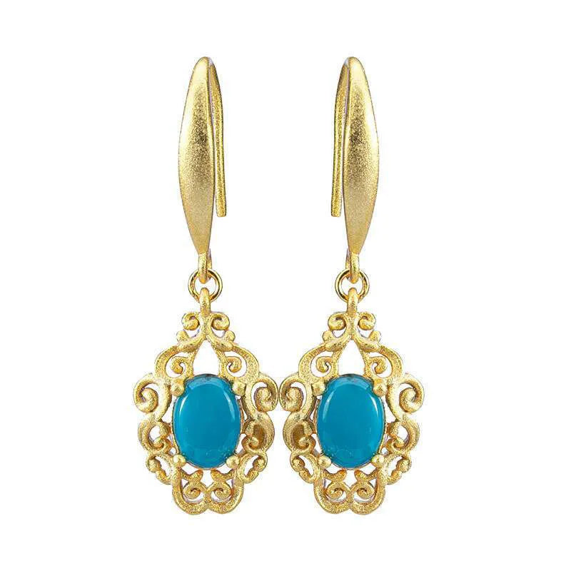 100% 14K Gold Earring for Women Natural turquoise Gemstone earrings Bohemia Engagement Aros Mujer Oreja 14 K Gold Earring Box
