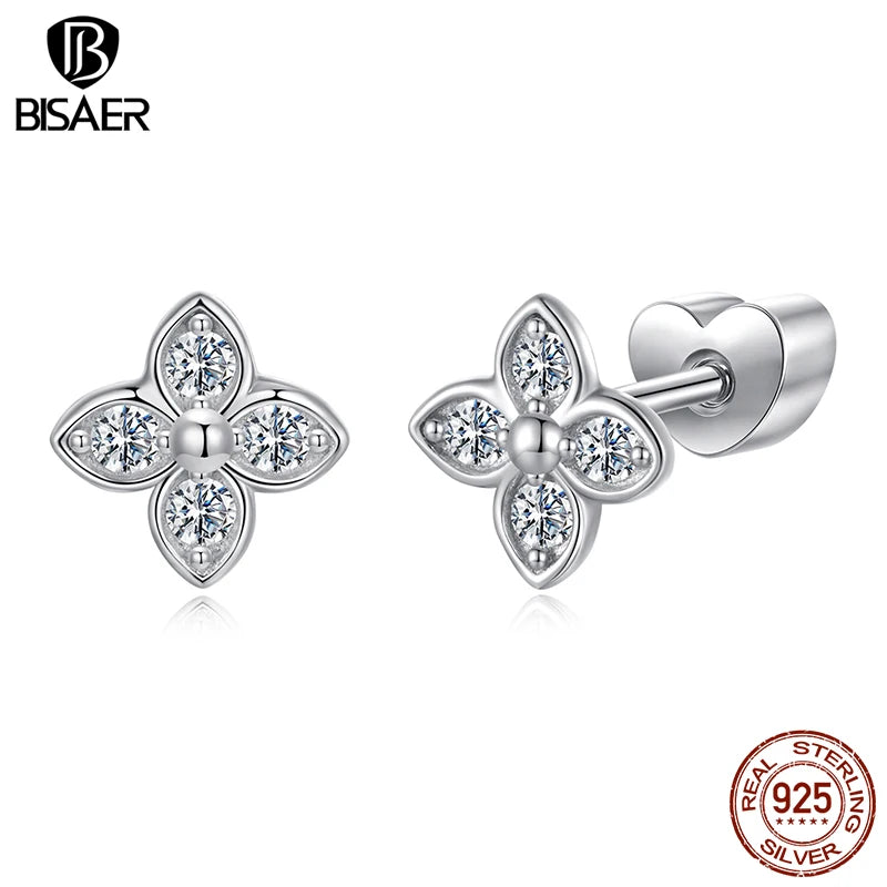 BISAER Four-leaf Clover Moissanite Stud Earrings 925 Sterling Silver VVS1 EX Cut Lab Diamond Stud Ear Girl Party Fine Jewelry