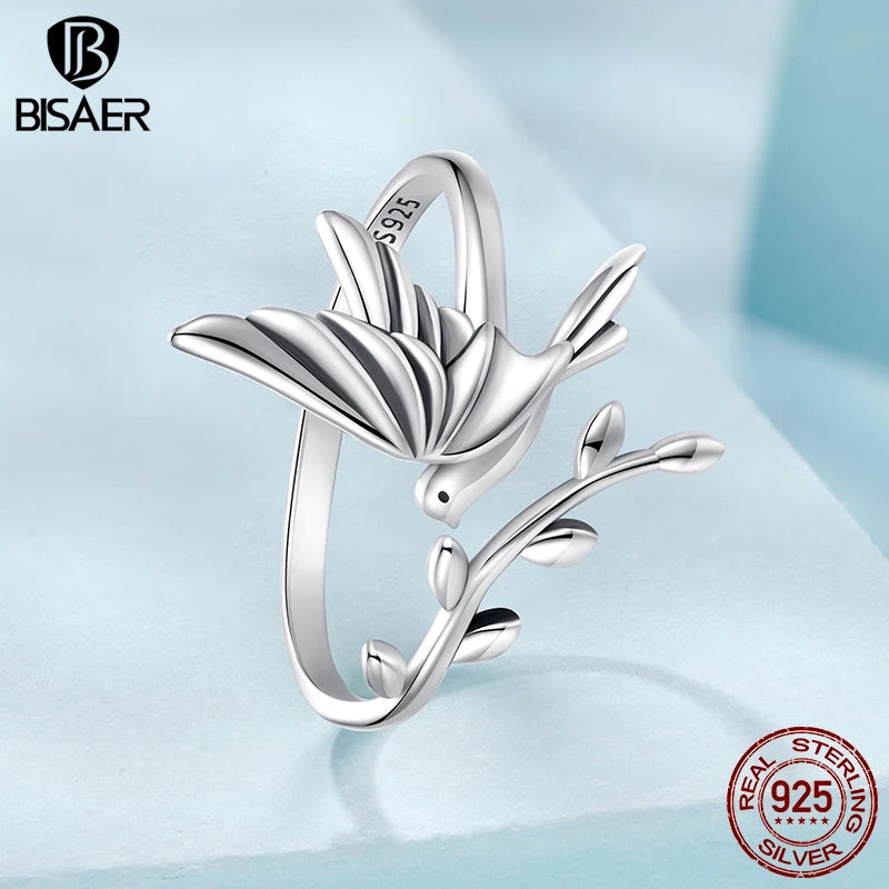 BISAER 925 Sterling Silber Eisvogel & Blätter Offener Ring Einstellbare Größe 5-9 Band für Frauen Party Edlen Schmuck ECR1085-E
