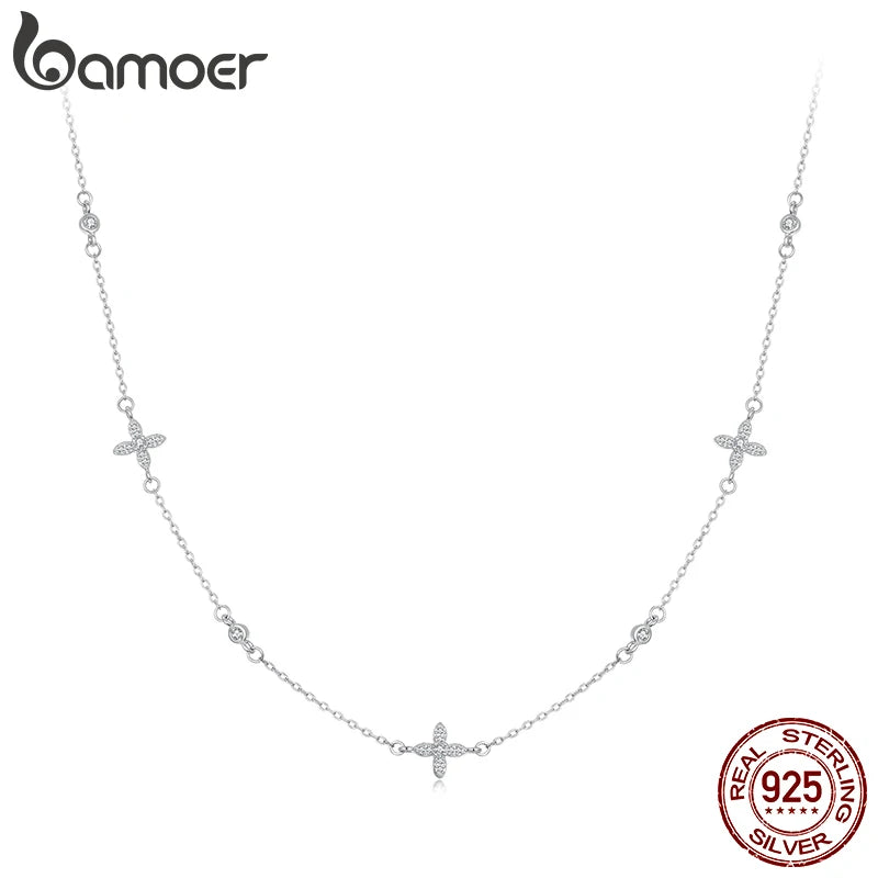 BAMOER 925 Sterling Silver Flower Necklace for Women, Real Gold Plated Dainty Small Flower Charm Trendy Choker Necklace BSN406