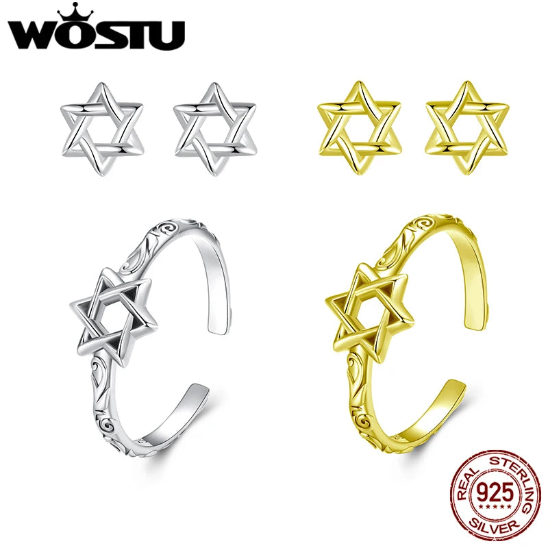 WOSTU Real 925 Sterling Silver Vintage Hexagram Rings Star Stud Earrings For Women Hollow Out Earring Adjustable Guardian Rings