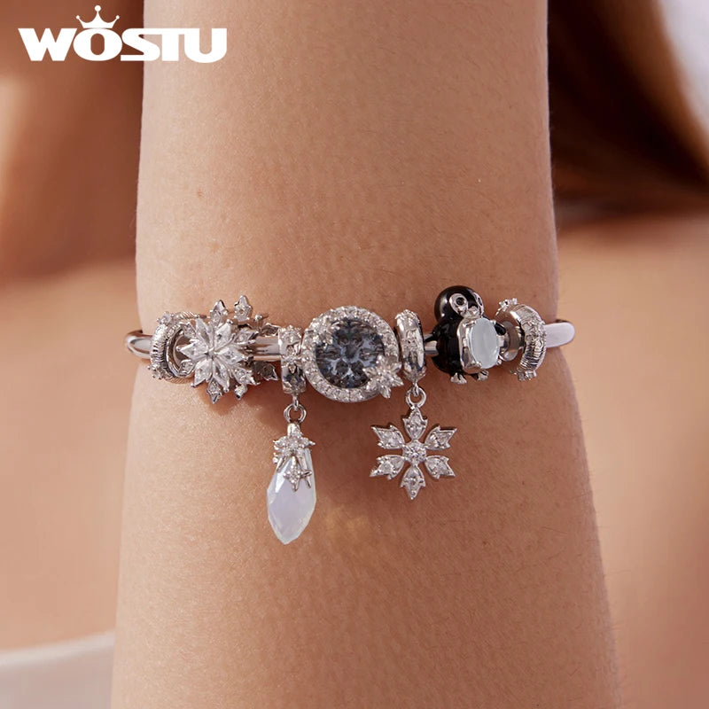 WOSTU 925 Silver Winter Snowflake Charm Penguin Pendant Blue Murano Glass Bead Fit DIY Bracelet Necklace Jewelry Making DIY Gift
