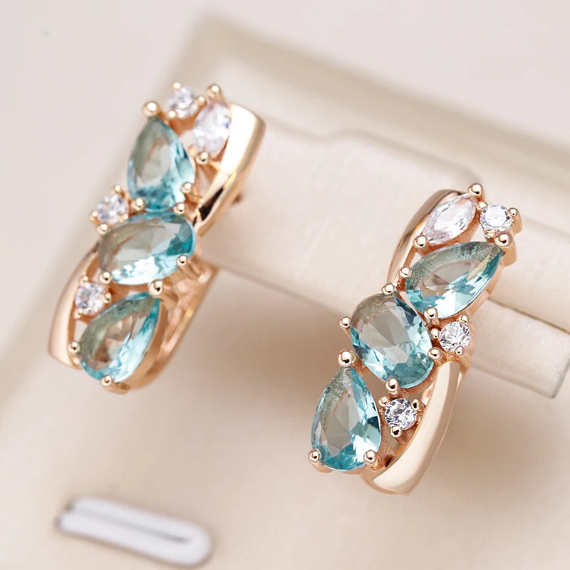 New 585 Rose Gold Drop Earrings for Women Delicate Cut Dazzling Blue Natural Zircon Bridal Wedding Jewelry Accessories - Madeinsea©