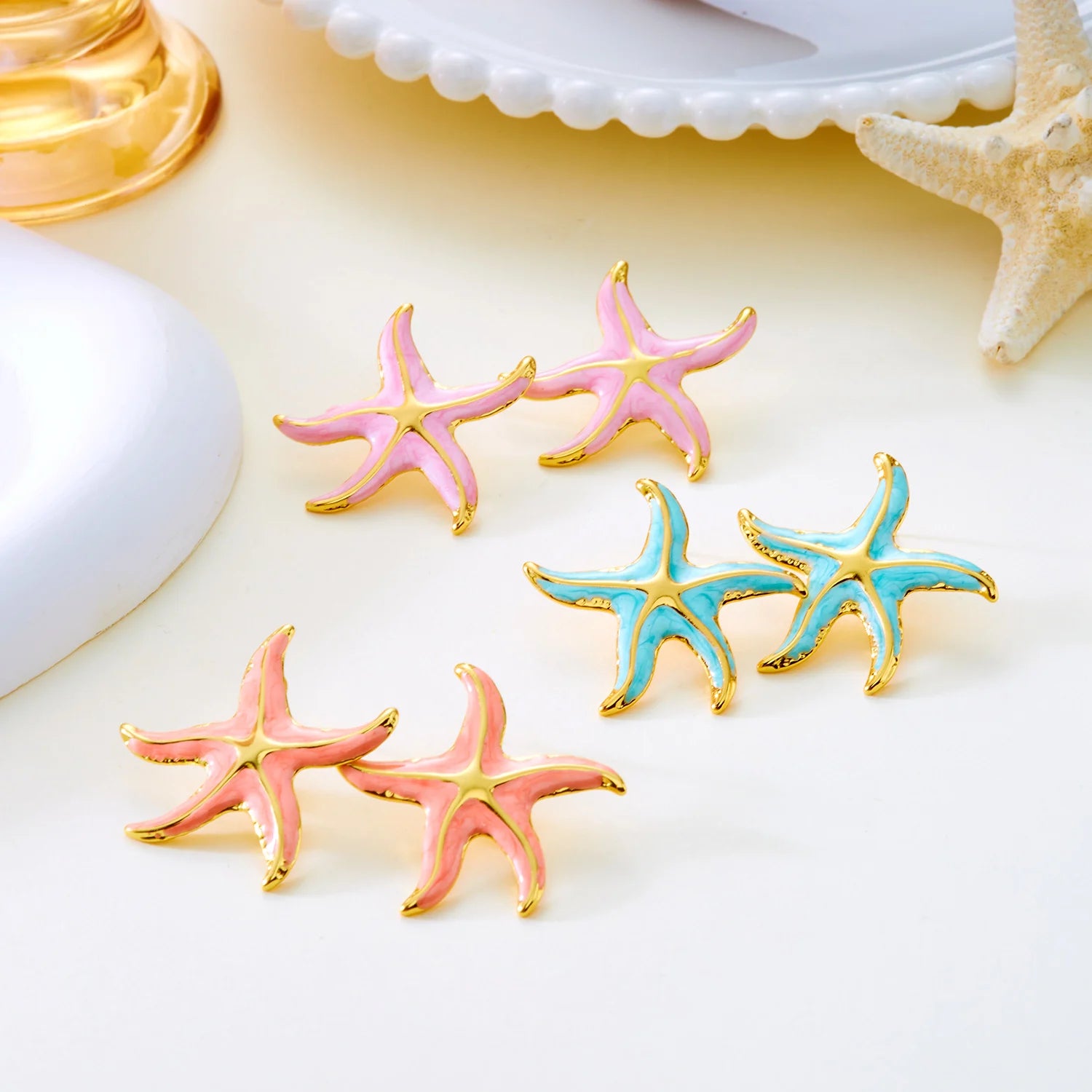Gold Color Stainless Steel Starfish Earrings For Women Fashion Pink Green Orange Enamel Stud Earring Girls Beach Charm Jewelry