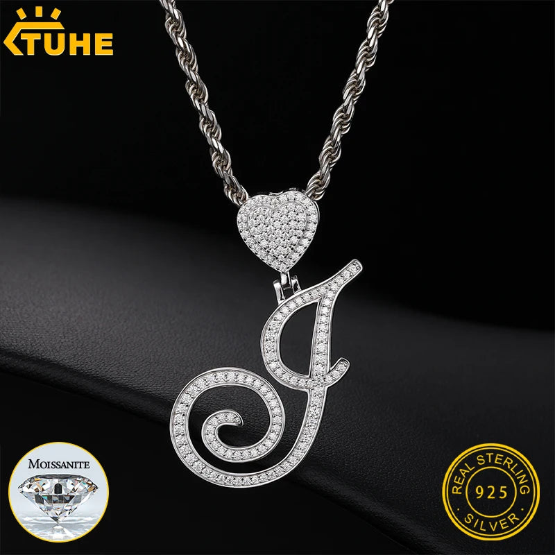 A-Z Cursive Letter Heart 925 Silver Pendant Iced Out Cuban Necklace For Women Moissanite Link Chain Hip Hop Jewelry