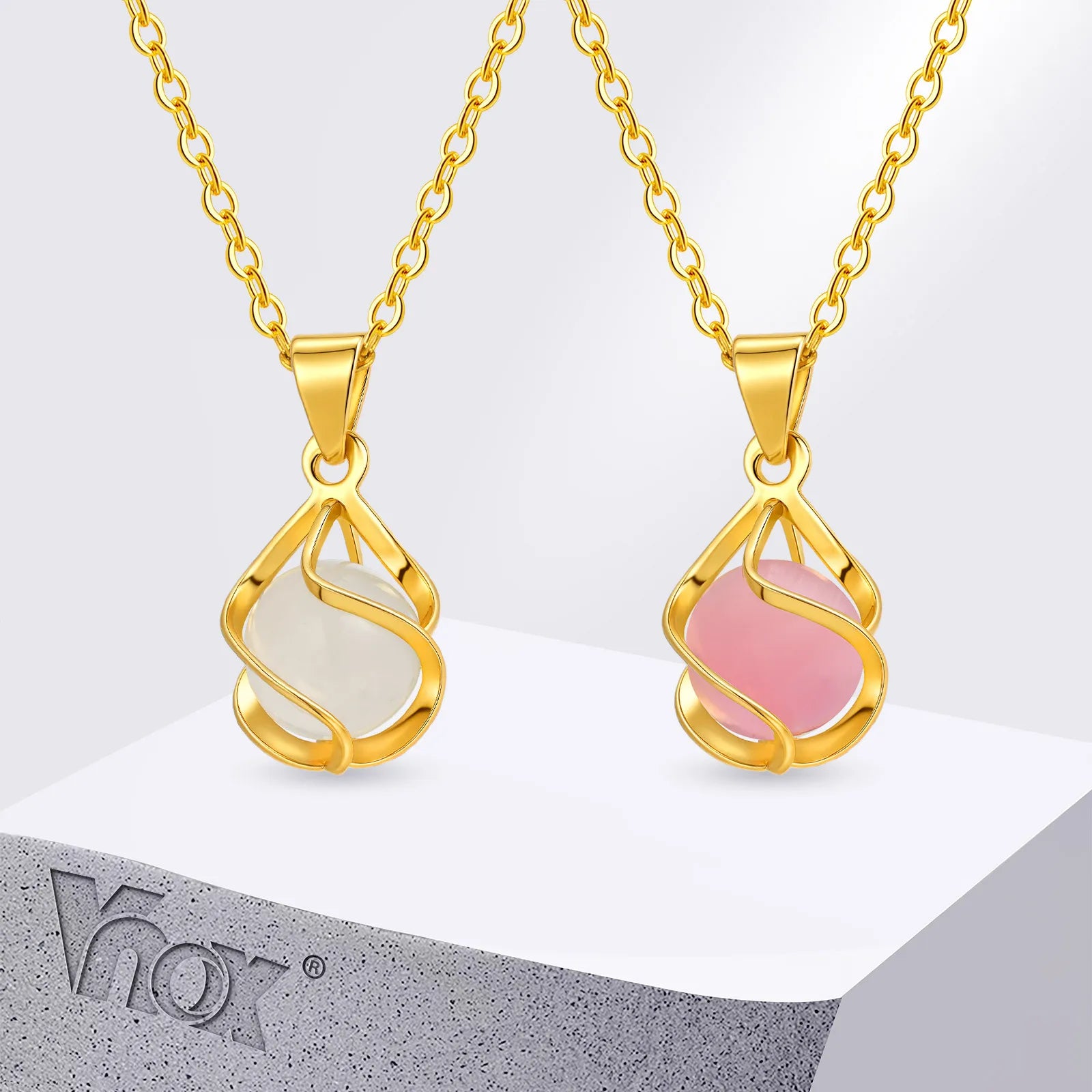 Vnox Elegant Gold Color Women's Pendant Necklace New Design Geometric Hollow Opal Pendant Charm Neck Jewelry Daily Wear
