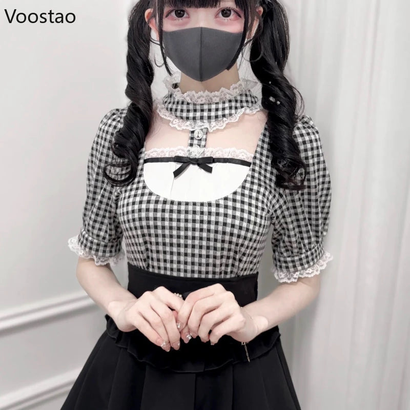 Japanese Gothic Lolita Style Shirts Women Vintage Sweet Y2k Lace Ruffles Short Sleeve Plaid Blouses Jirai Kei Girls Casual Tops