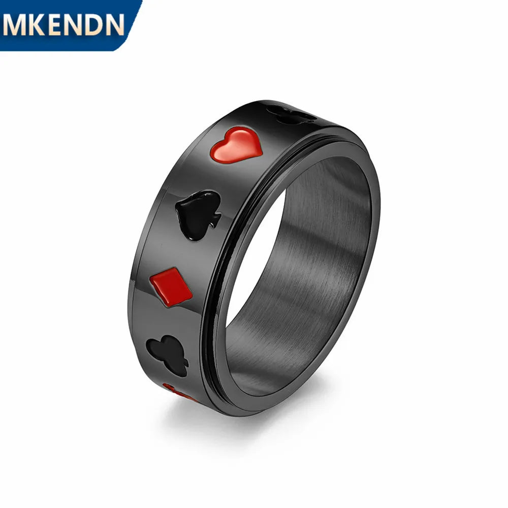 MKENDN Gothic Punk Playing Cards Stainless Steel Rotatable Ring for Men Lucky Poker Hip-hop Finger Jewelry Gifts