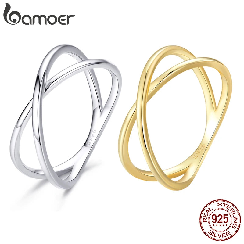 BAMOER 14K Gold Plated X Ring Dainty Minimalist 925 Sterling Silver Cross Ring for Women Promise Jewelry 2 Colors SCR543