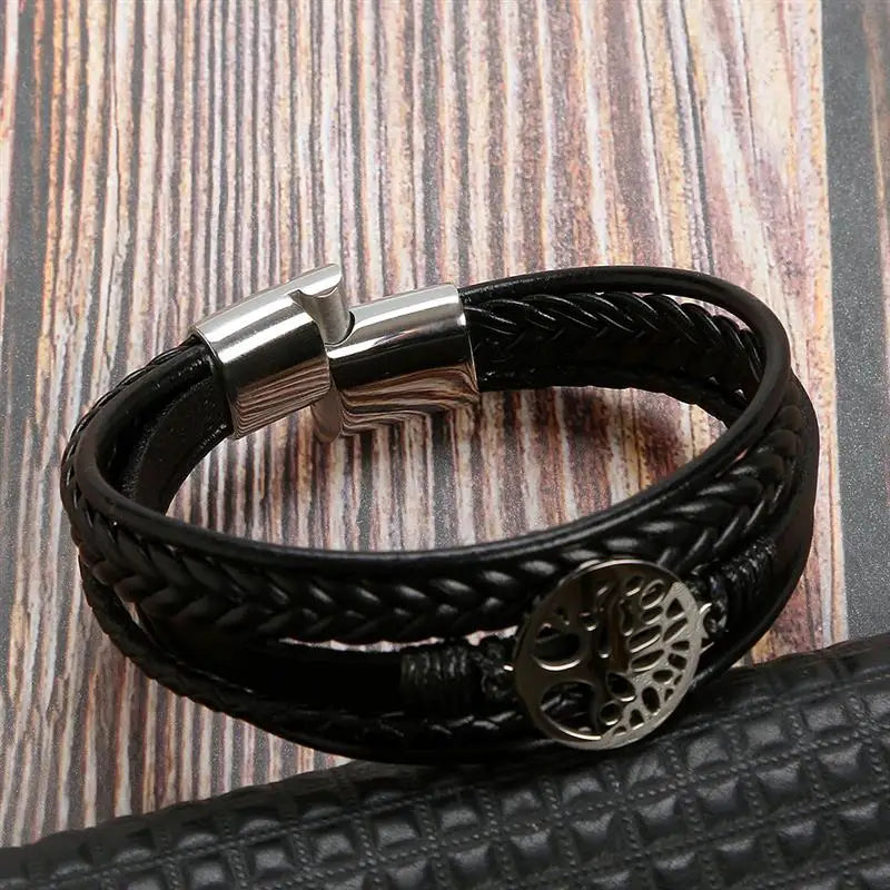 Fashion Multilayer Leather Bracelets for Men Stainless Steel Magnet Lift Tree Pendant Hand Bracelet Christmas New Year Gifts