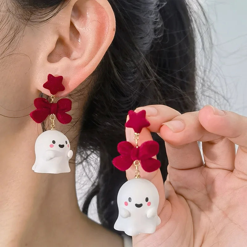 Fancy Resin Halloween Ghost Drop Earrings For Women Red Bowknot Flannel Ghost Dangle Earring Christmas Festival Party Jewelry