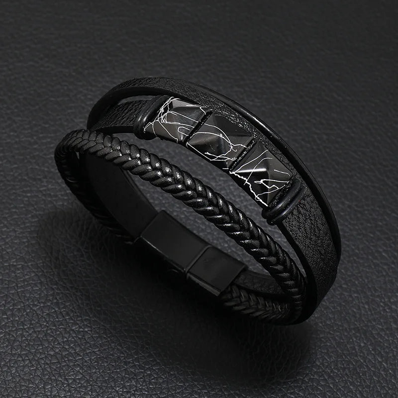 New Men's Leather Braided Bracelet Crack Pyramid Alloy Magnet Buckle Multilayer Leather Bracelet Bracelet