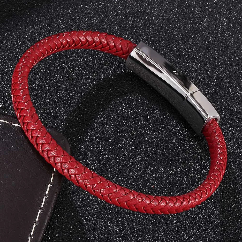 MKENDN Simple Style Red Braided Leather Bracelet for Men & Women Stainless Steel Button Jewelry Unisex Couple Gift Classic Gifts