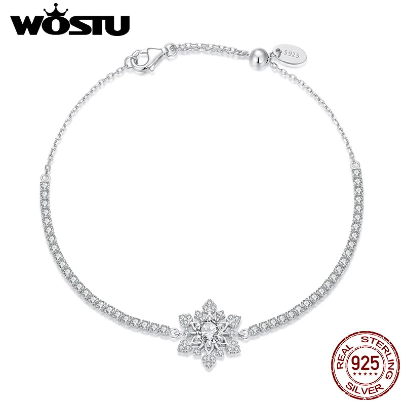WOSTU Christmas Snowflake Bracelet For Women, 925 Silver Sparkling Zirconia Adjustable Chain Links Dainty Winter Jewelry Gift
