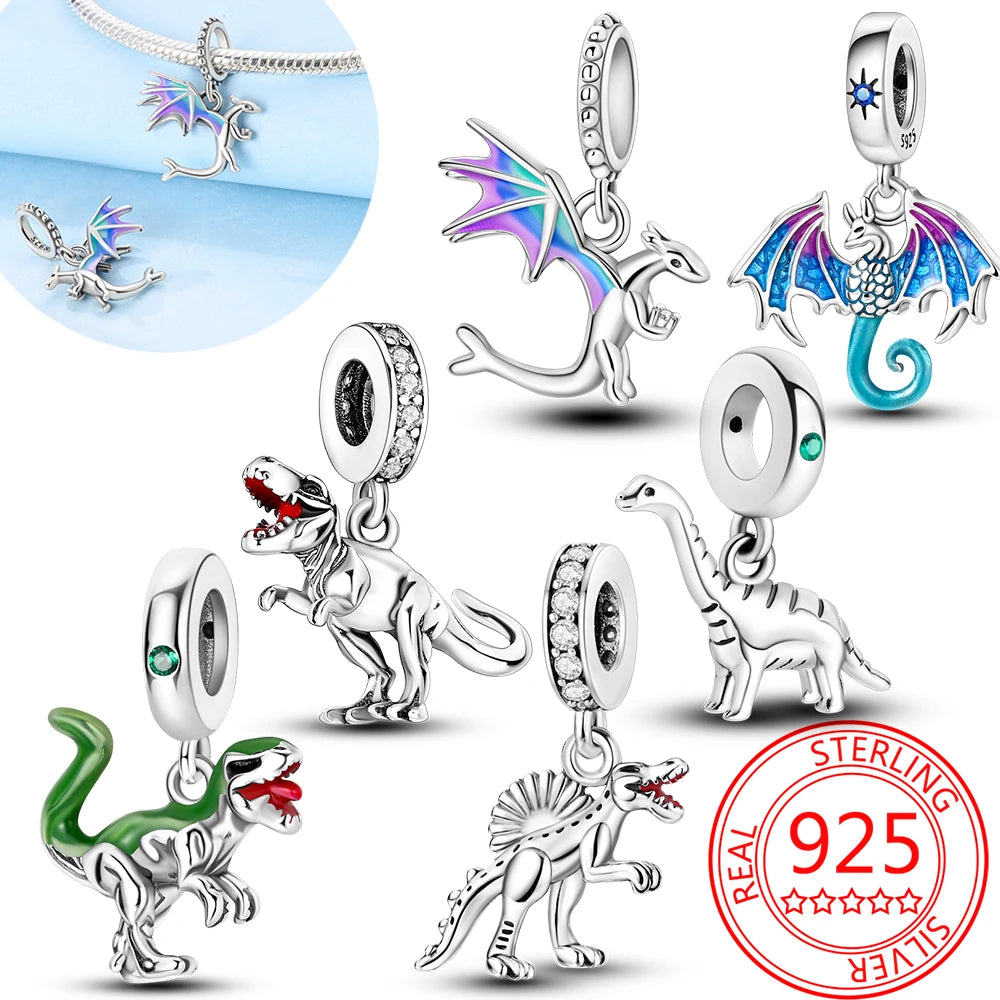 925 Sterling Silver Jurassic T-Rex Flying Dragon Charm Pendant Beads Fit 925 Original Bracelet for Women Jewelry Making