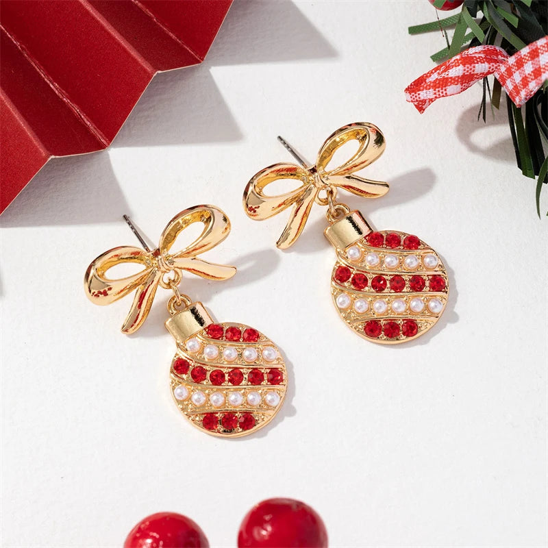 Christmas Red Zircon Pearl Bowknot Dangle Earrings For Women Santa Claus Snowflake Soldier King Pendant Earring Party Jewelry