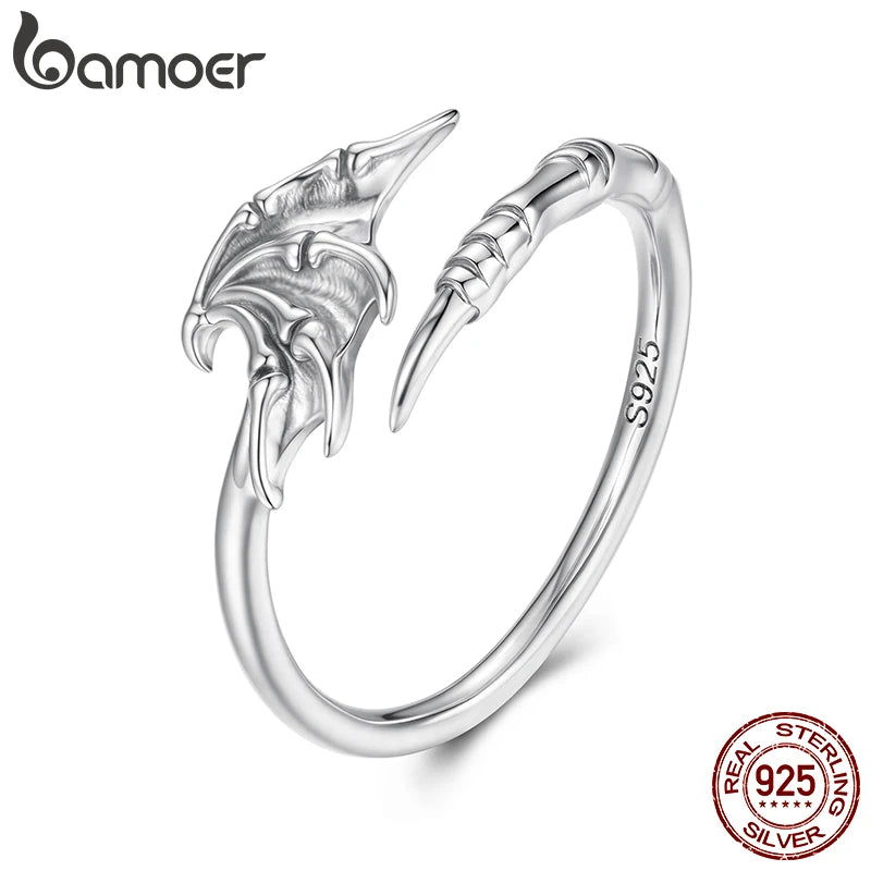 BAMOER 925 Sterling Silver Devil Wings Open Ring Vintage Style Adjustable Finger Ring Original for Women Punk Jewelry Gift