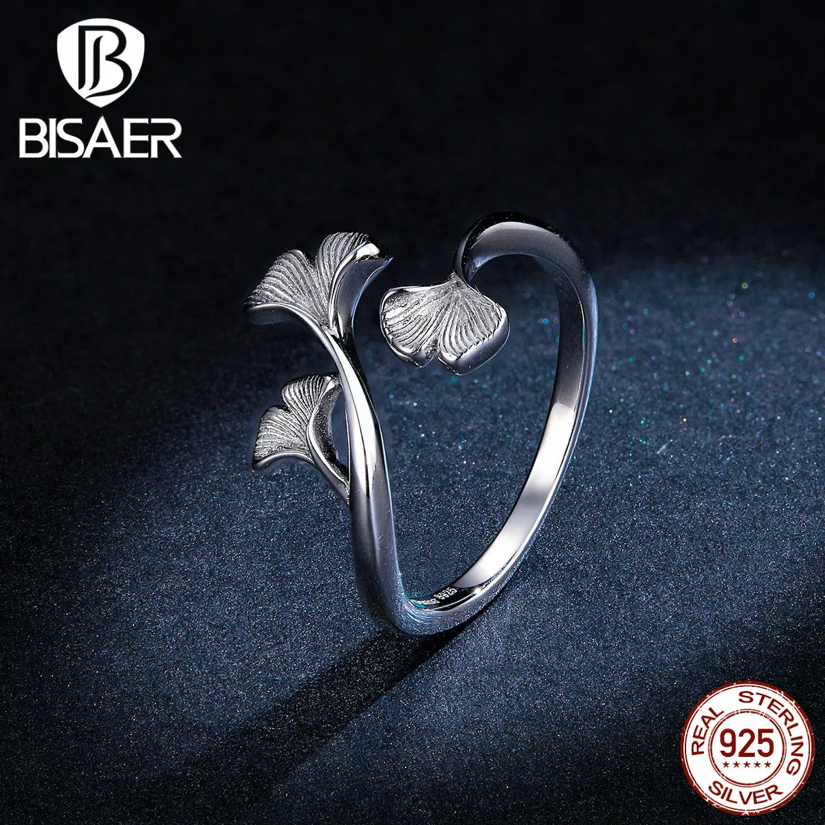 BISAER 925 Sterling Silber Ginkgo Blatt Ring Ohrstecker Halskette 14K vergoldet für elegante Frauen Party feines Schmuckset Geschenk