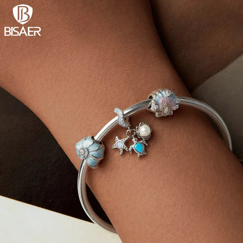 BISAER 925 Sterling Silver Blue Ocean Charm Bead Shell Starfish Turtle Pendant Fit Women DIY Bracelet Fine Jewelry Vacation Gift