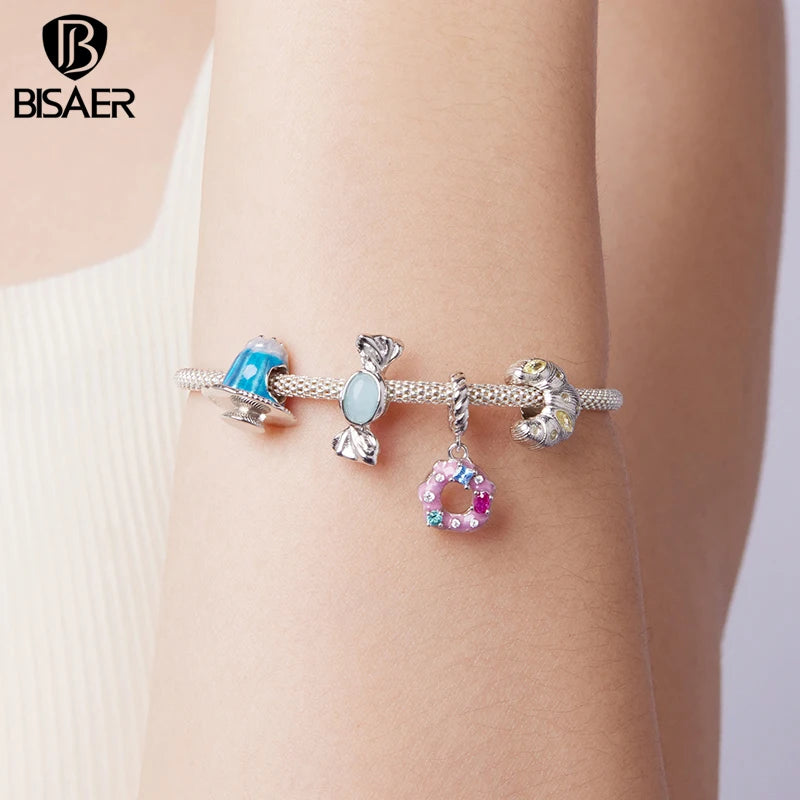 BISAER 925 Sterling Silver Donut Pendant Sweet Candy Coffee Summer Drinks Charm Bead for Women DIY Bracelet Fine Jewelry Gift