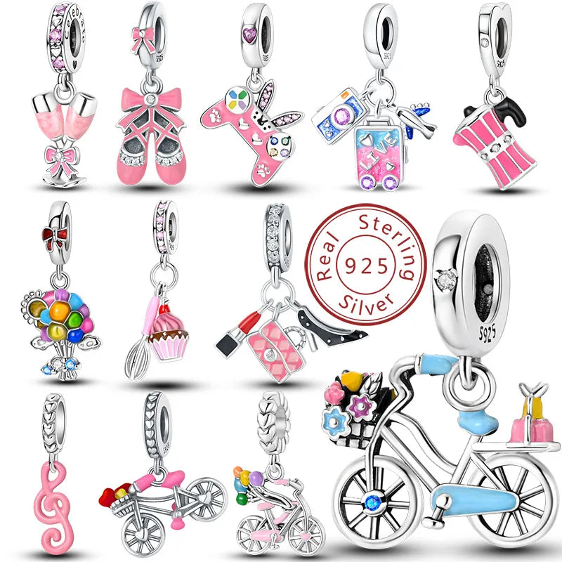 NEW 100% Real S925 Sterling Silve Pink Charm Beads Fit Original Pendant Bracelet Making For Woman Fashion Jewelry