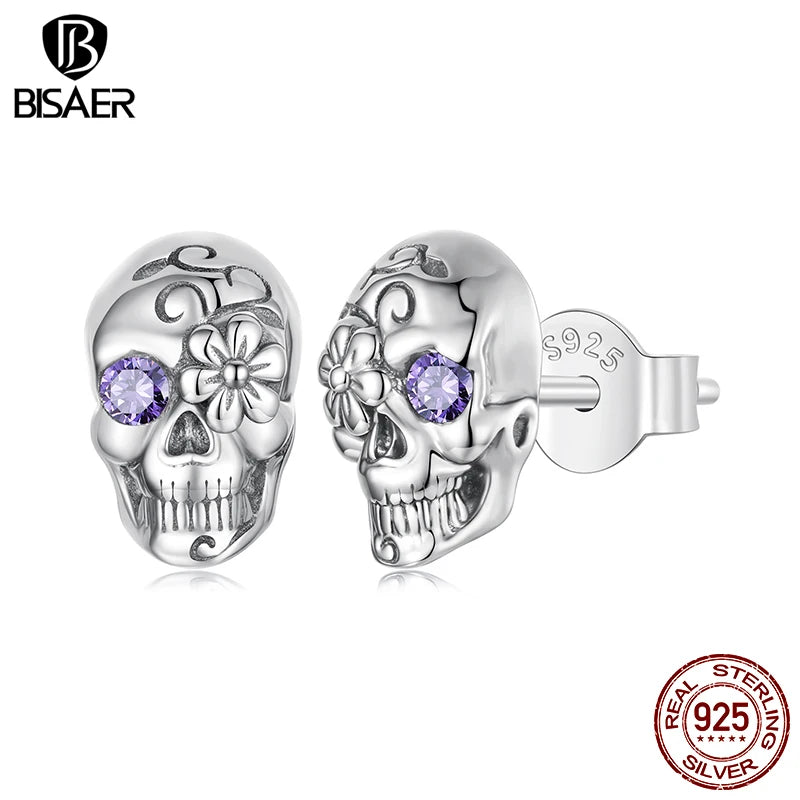 BISAER 925 Sterling Silver Skull Stud Earrings, Purple Zircon Earring Hypoallergenic for Women Party Fine Jewelry Halloween Gift