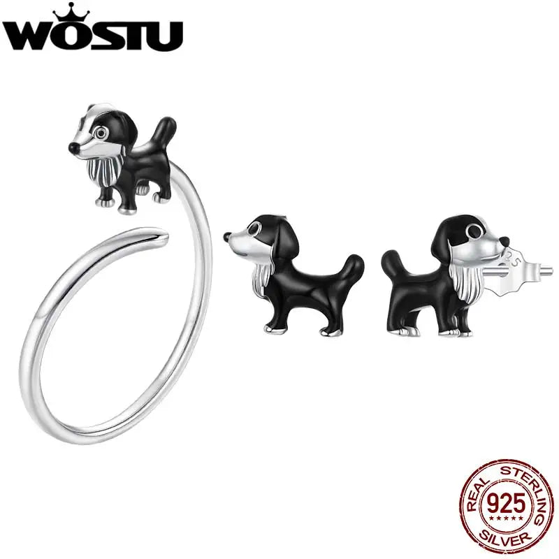 WOSTU Real 925 Sterling Silver Cute Black Border Collie Dog Open Ring for Girl, Original Animal Earrings Family Pet themed Gift