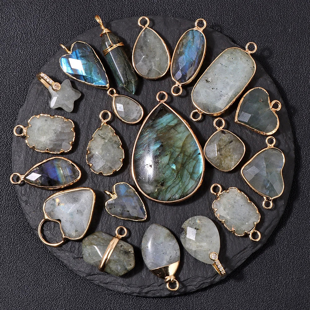 2PCS Natural Flash Labradorite Stone Pendant Irregular Shape Fashion Flash Labradorites Charms Connector For Jewelry Making DIY