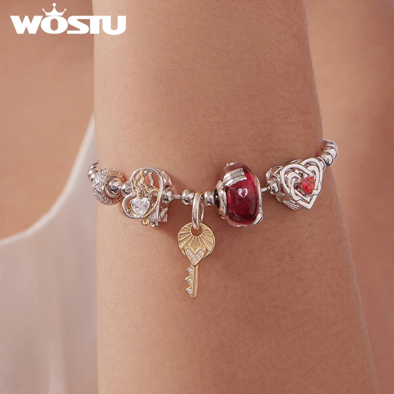 WOSTU 925 Silver Valentine's Gift Love Heart Charm Key Pendant Red Murano Glass Bead Fit DIY Jewelry make For Bracelet Necklace