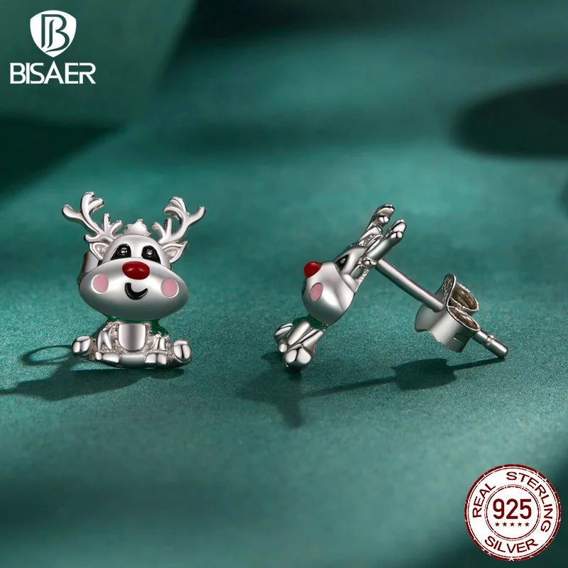 Boucles d'oreilles à tige en forme de renne de Noël en argent sterling 100 % 925 BISAER plaqué platine pour femme, bijoux fins pour fête de Noël
