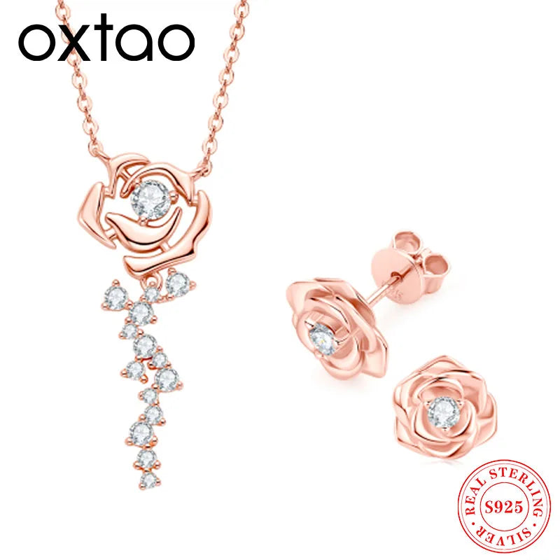 OXTAO Rose Moissanite Jewelry Set 925 Sterling Silver Retro Classic Rose Gold Pendant Necklace Boutique Jewelry Gift with Certif