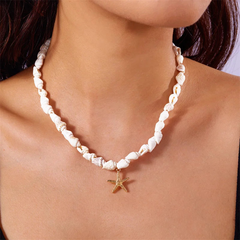 Vintage Bohemian Starfish Pendant Necklaces For Women Sea Shell Beaded Choker Neck Chain Girl Beach Party Banquet Jewelry Gifts